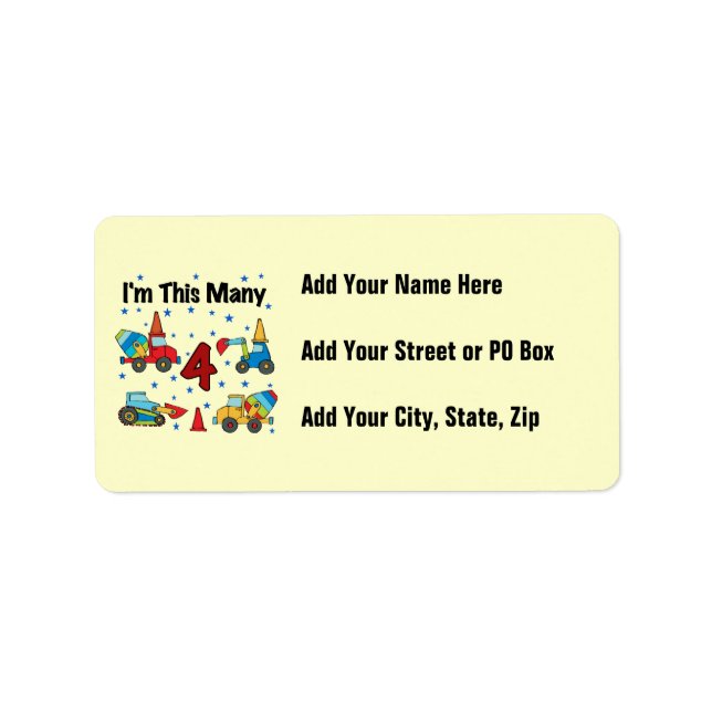 Construction Vehicles 4th Birthday T-shirts Label (Front)