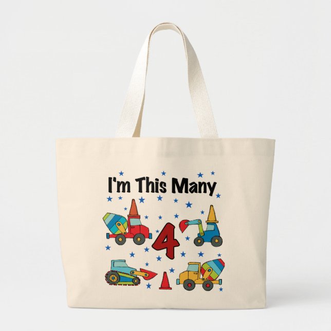 Construction Vehicles 4th Birthday T-shirts Large Tote Bag (Front)