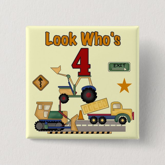 Construction Vehicles 4th Birthday Tshirts 2 Inch Square Button (Front)