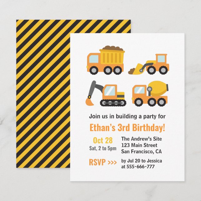 Construction Vehicles and Trucks Boys Birthday Invitation (Front/Back)