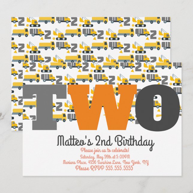 Construction Vehicles Birthday Dump Big Two Invitation (Front/Back)