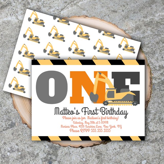 Construction Vehicles Birthday First Birthday Invitation (Creator Uploaded)