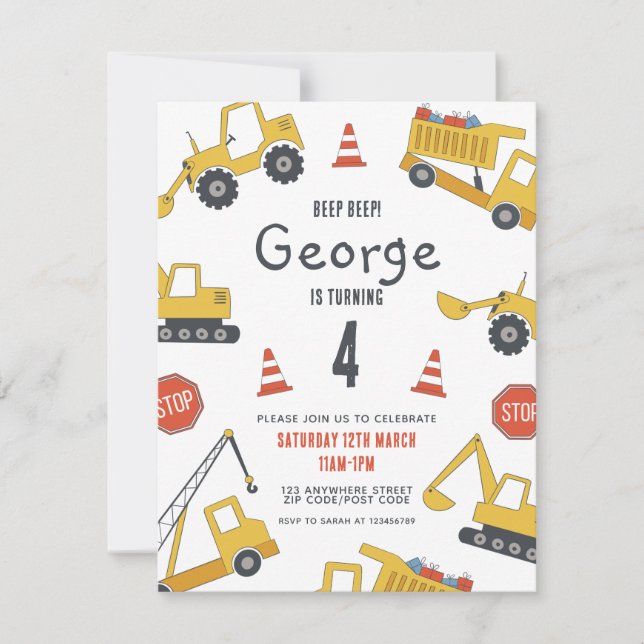 Construction Vehicles Birthday Party Invitation (Front)