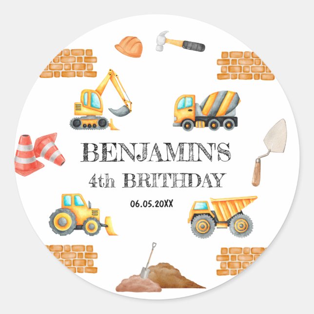 Construction Vehicles Boy Birthday Party Classic Round Sticker (Front)