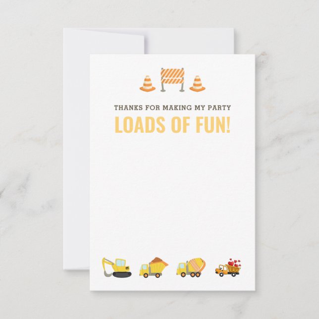 Construction Vehicles Boy Birthday Party Thank You Card (Front)