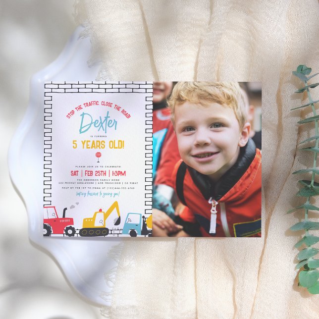 Construction Vehicles Boy Photo Birthday Party Invitation (Creator Uploaded)