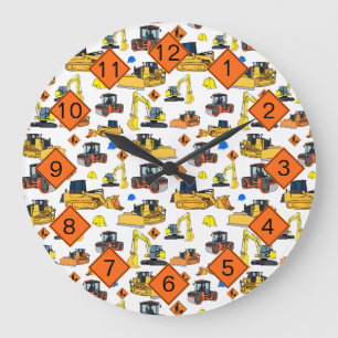 Construction Vehicles Construction SIgns Pattern Large Clock