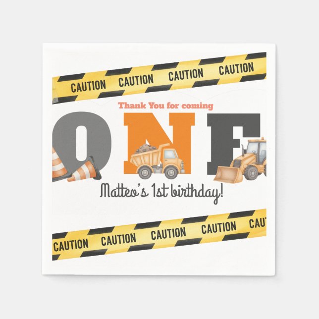 Construction Vehicles First Birthday Dump Truck Napkin (Front)