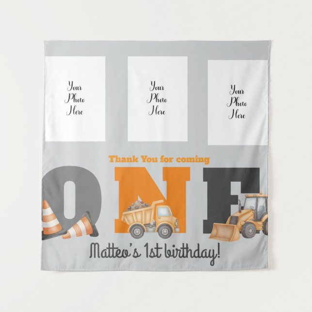 Construction Vehicles First Birthday Dump Truck Tapestry (Front)