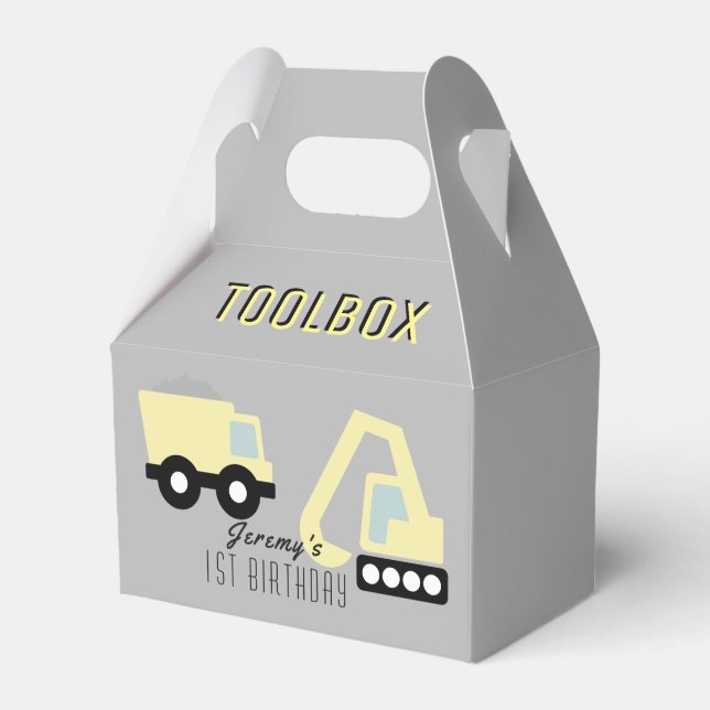 Construction Vehicles Grey Toolbox Birthday Favor Box (Front Side)