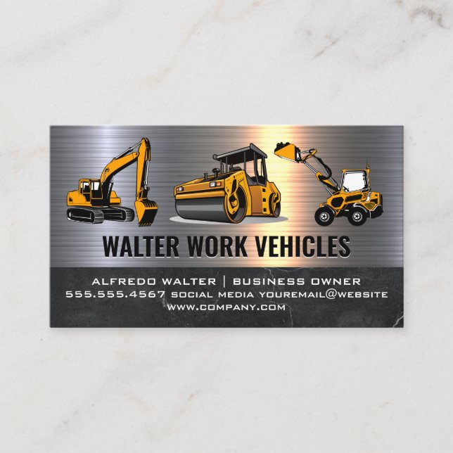 Construction Vehicles | Metallic Marble Business Card (Front)