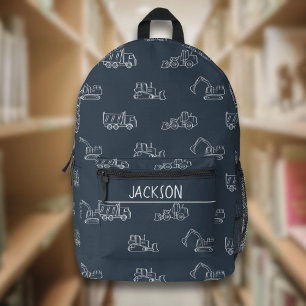 Construction Vehicles School Boys Name Dark Blue Printed Backpack
