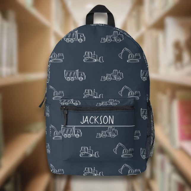Construction Vehicles School Boys Name Dark Blue Printed Backpack (Creator Uploaded)