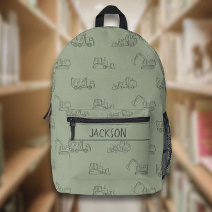 Construction Vehicles School Boys Name Sage Green Printed Backpack