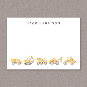 Construction Vehicles Watercolor Boys Monogrammed Card