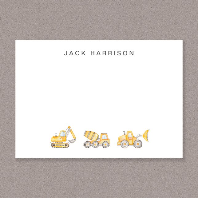 Construction Vehicles Watercolor Boys Monogrammed Card (Construction Vehicles Watercolor Boys Monogrammed Note Card)