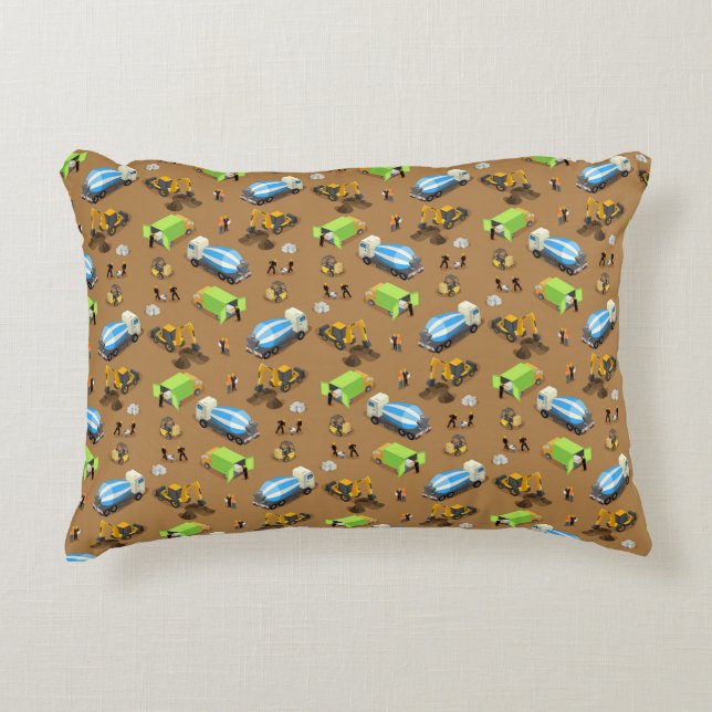 Construction Vehicles & Workers Pattern Throw Pill Accent Pillow (Front)