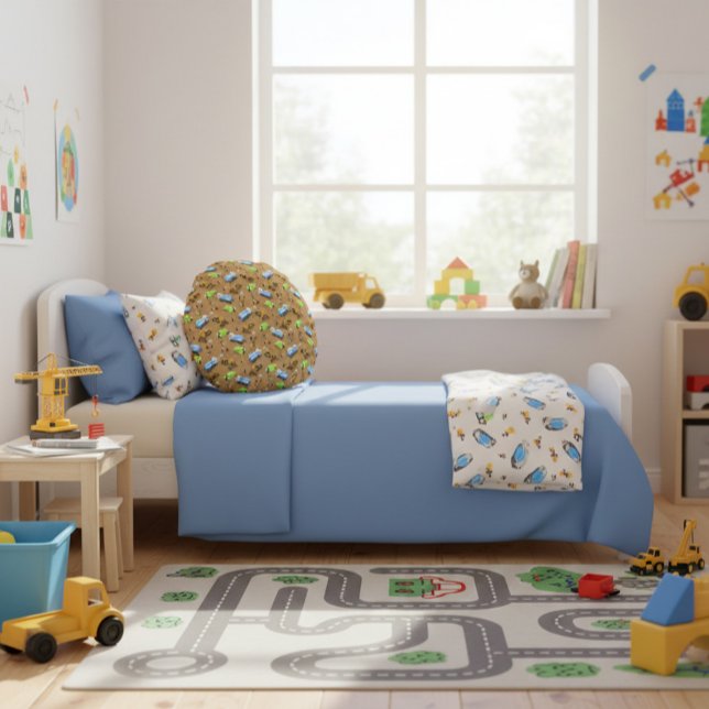 Construction Vehicles & Workers Pattern Throw Pill Round Pillow (Creator Uploaded)