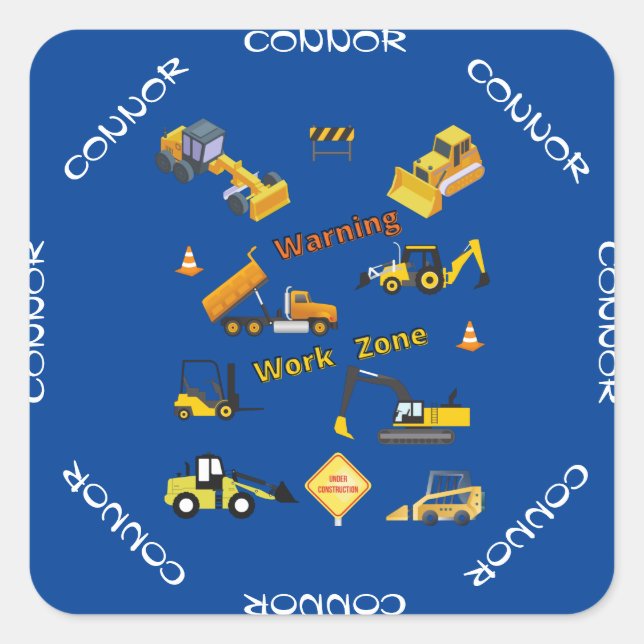 Construction Warning Work Zone Personalized Square Sticker (Front)
