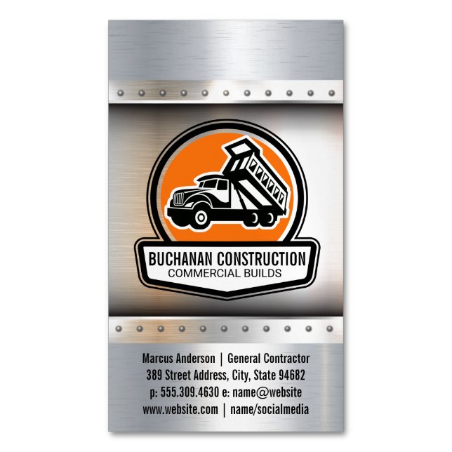 Construction Work Truck Off Loading Resources Magnetic Business Card (Front Vertical)