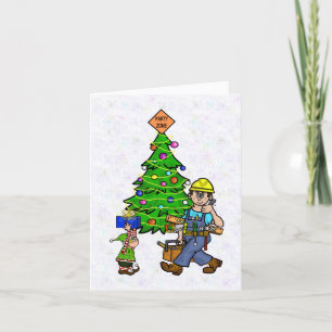 Construction Worker and Elf Christmas Card