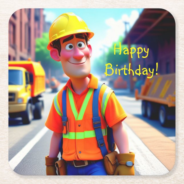 Construction Worker Birthday Square Paper Coaster (Front)