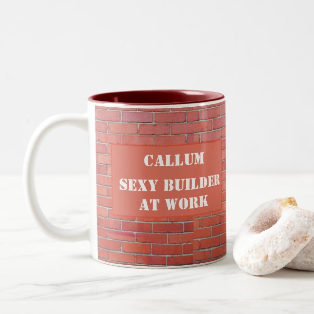 Construction Worker Bricklayer Builder Funny Two-Tone Coffee Mug (With Donut)