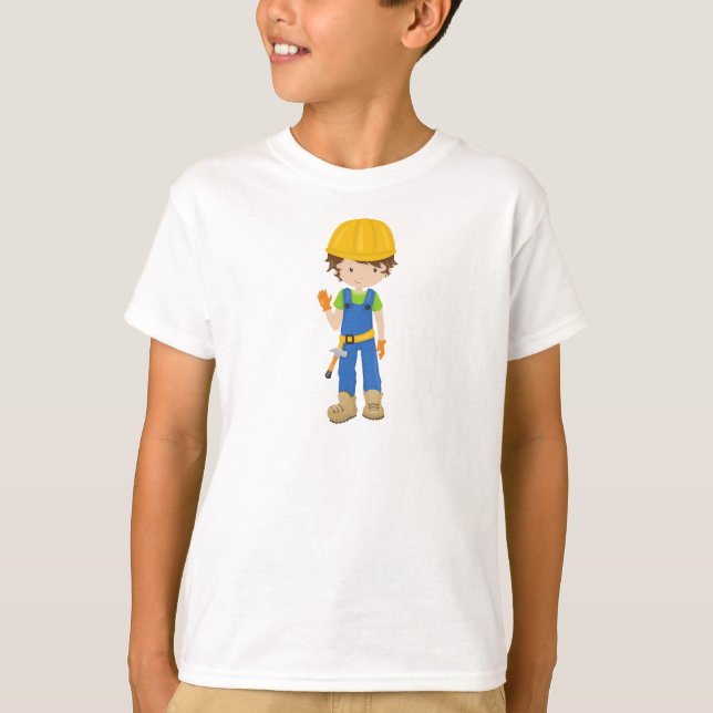 Construction Worker, Brown Hair, Cute Boy, Hammer T-Shirt (Front)