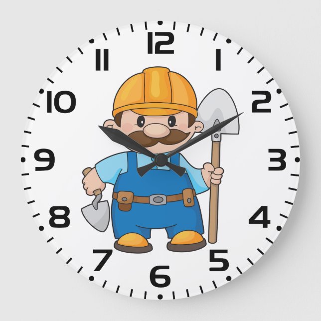 Construction Worker Builder with Shovel Large Clock (Front)