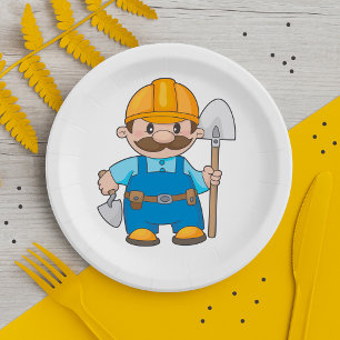 Construction Worker Builder with Shovel Paper Plate