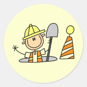 Construction Worker in Manhole Classic Round Sticker