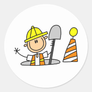 Construction Worker in Manhole Classic Round Sticker