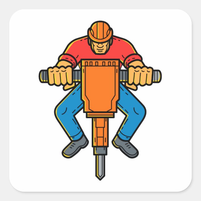 Construction Worker Jackhammer Mono Line Art Square Sticker (Front)