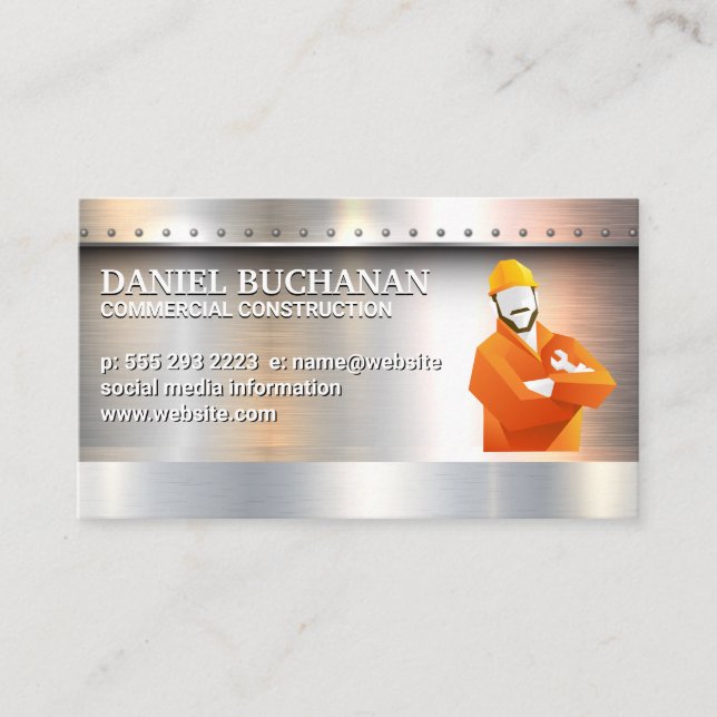 Construction Worker | Metallic Brushed | Rivets Business Card (Front)