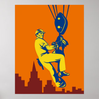 construction worker on hook hoist retro style poster