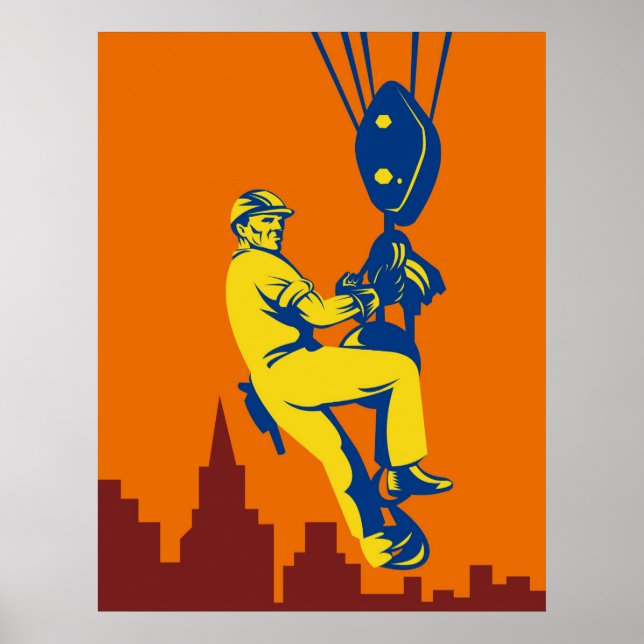construction worker on hook hoist retro style poster (Front)