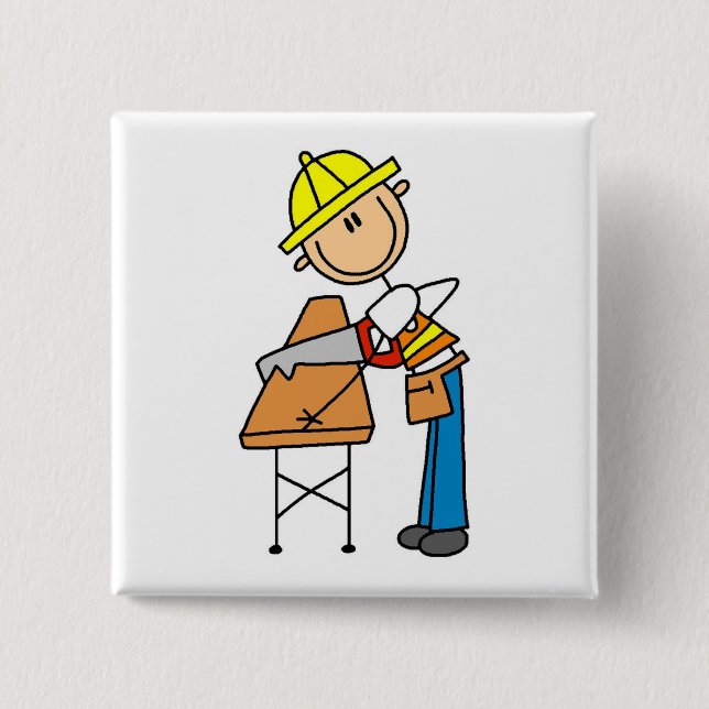 Construction Worker Sawing Board 2 Inch Square Button (Front)