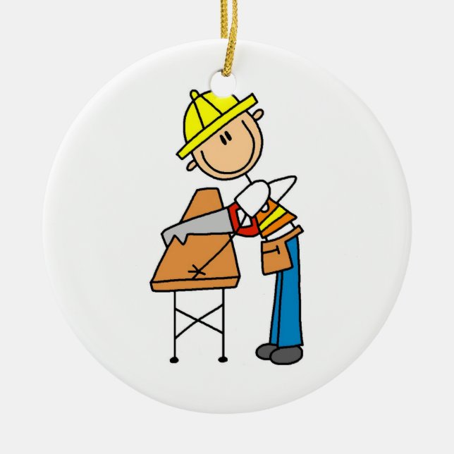 Construction Worker Sawing Lumber Gifts Ceramic Ornament (Front)
