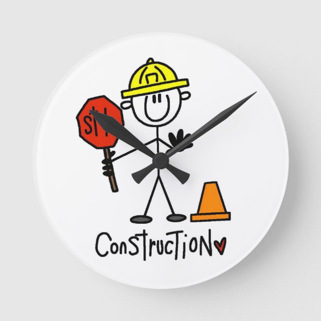 Construction Worker Stick Figure Round Clock (Front)