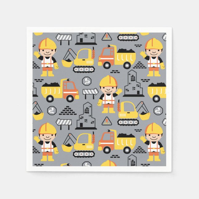 Construction Worker Tipper Truck Digger Pattern Napkin (Front)