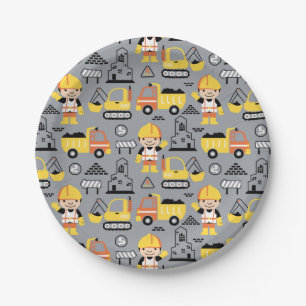 Construction Worker Tipper Truck Digger Pattern Paper Plate