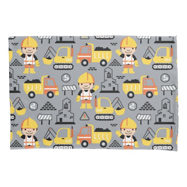 Construction Worker Tipper Truck Digger Pattern Pillowcase (Front)