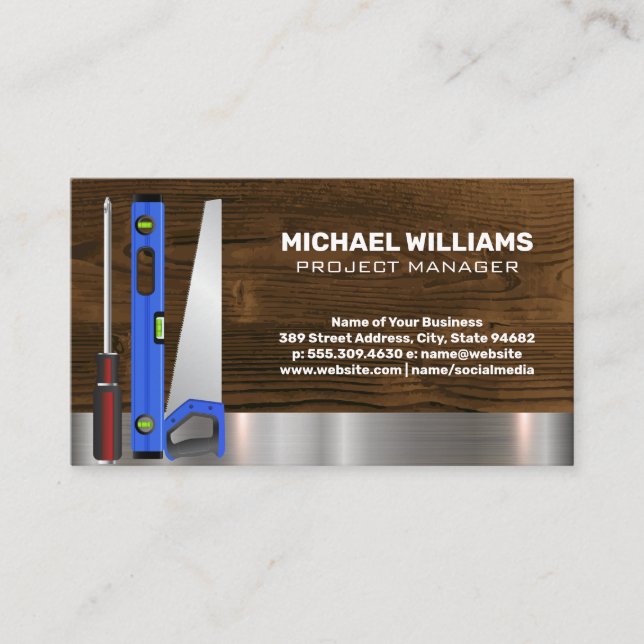 Construction Worker Tools | Wood Metal Business Card (Front)