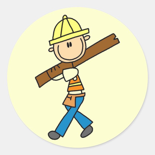 Construction Worker with Lumber Classic Round Sticker (Front)