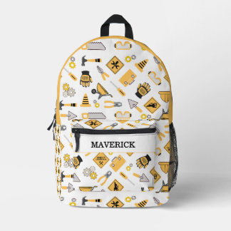 Construction Yellow And Black Boys Printed Backpack