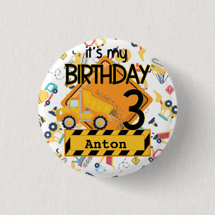 Construction yellow trucks car 3rd birthday  1 inch round button