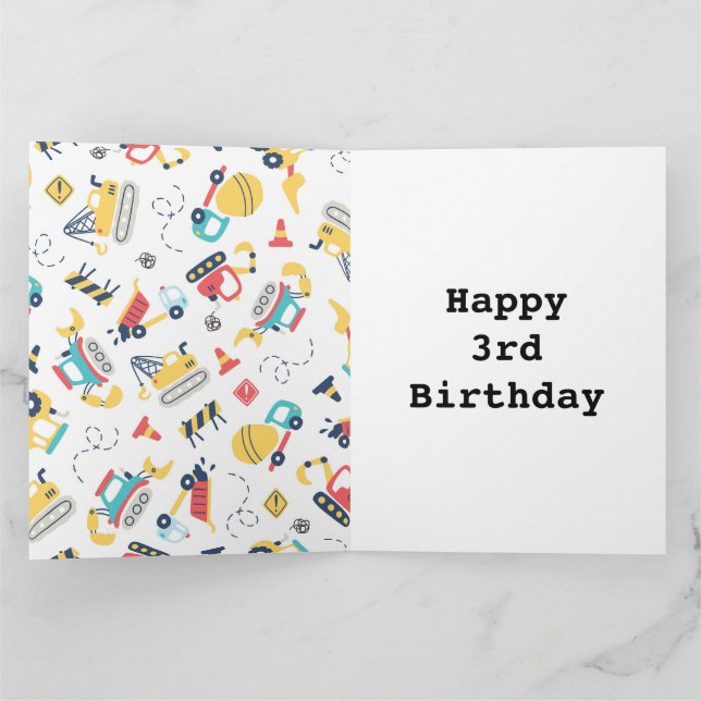 Construction yellow trucks car 3rd birthday  card (Inside)