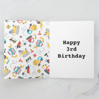 Construction yellow trucks car 3rd birthday  card