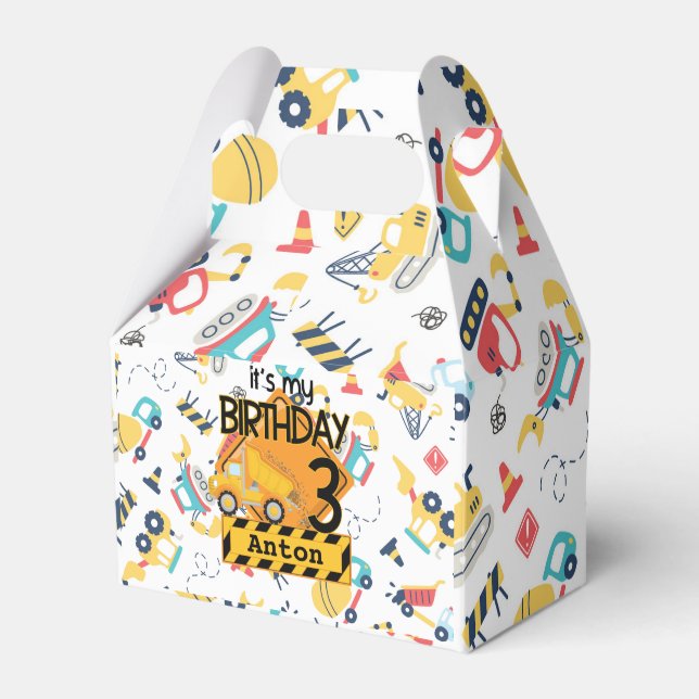 Construction yellow trucks car 3rd birthday  favor box (Front Side)