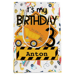 Construction yellow trucks car 3rd birthday medium gift bag